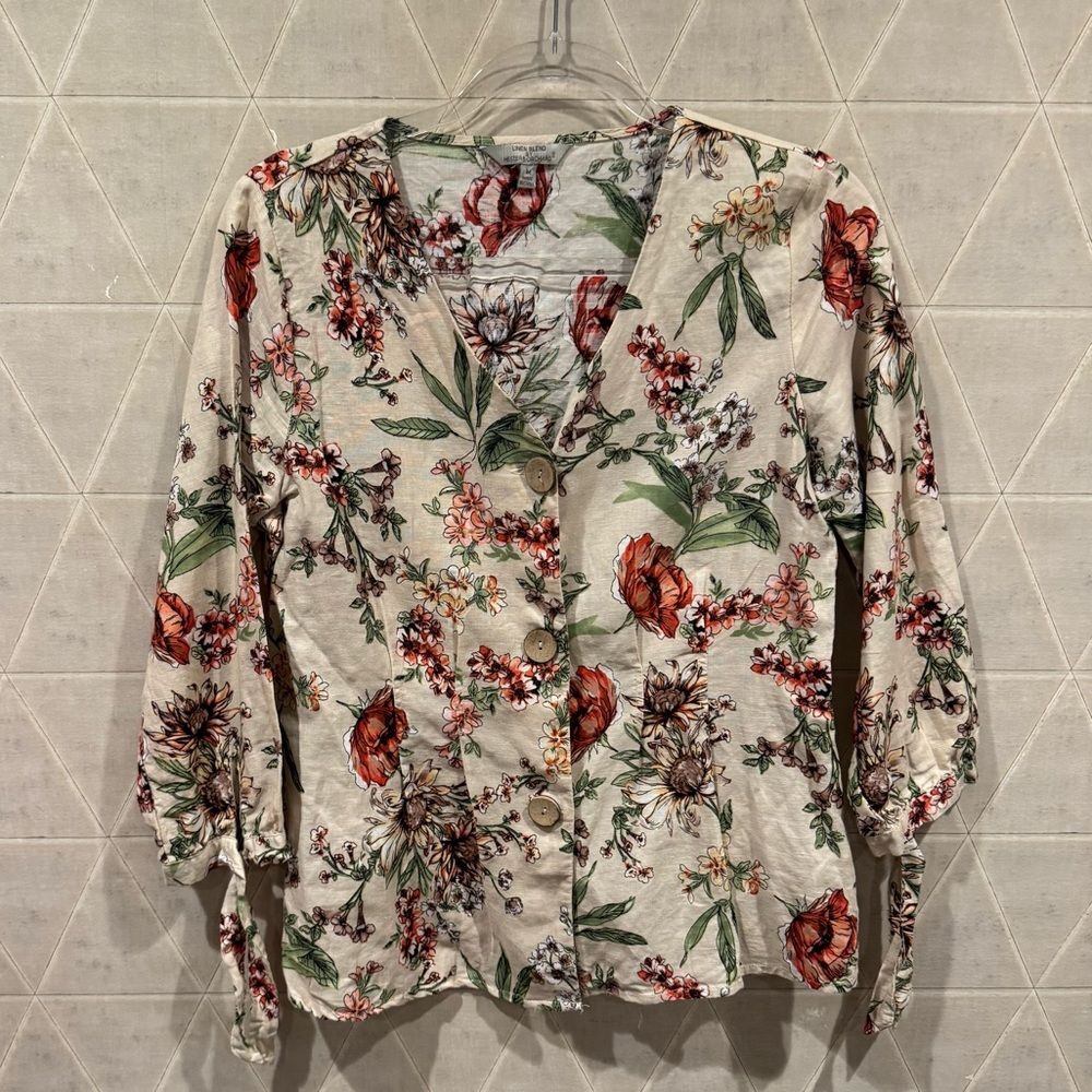 Blouse by Hester & Orchard Linen Blend Women Top Button Up Floral Tan Size M